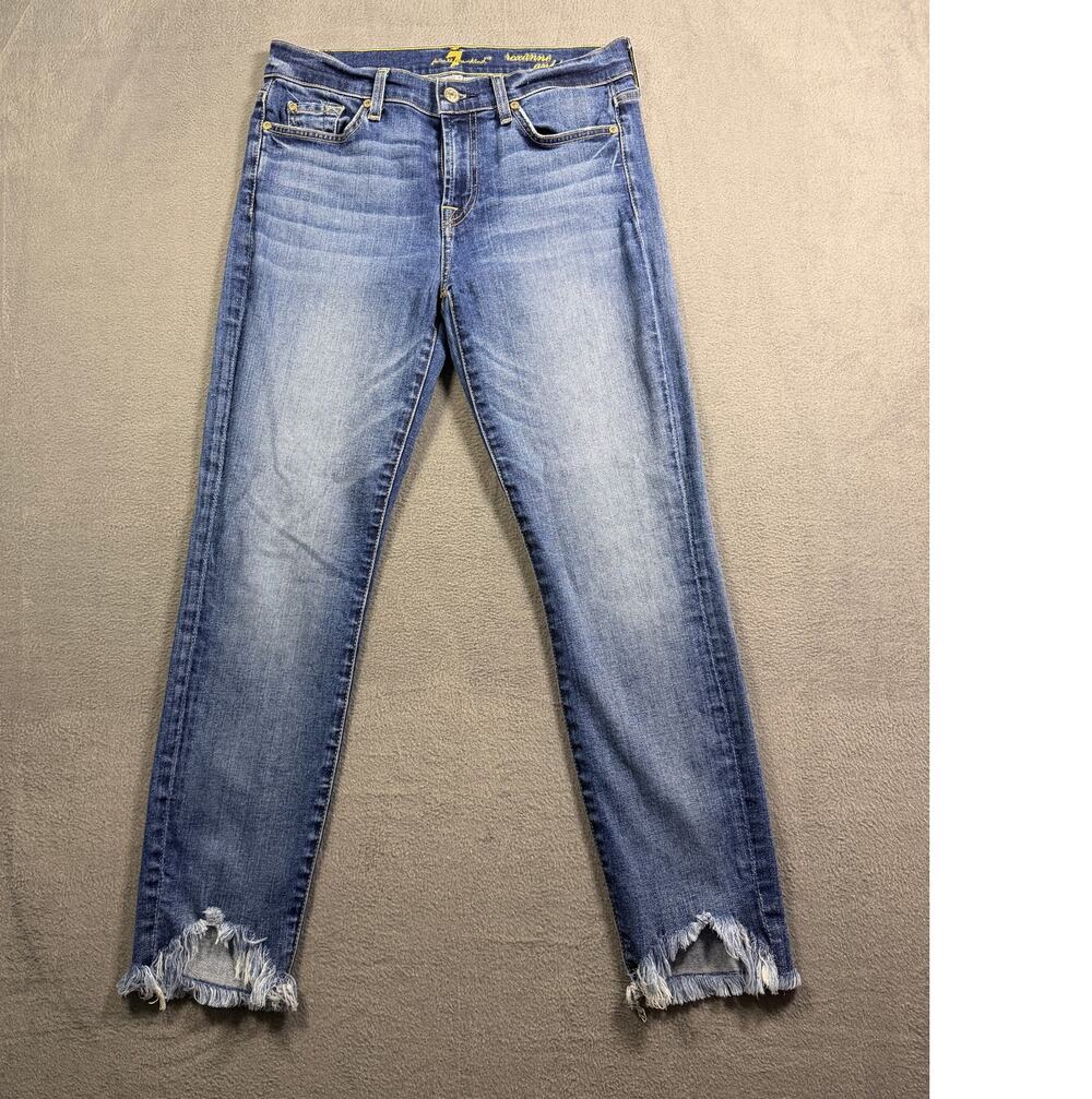 7 For All Mankind Roxanne Jeans Womens 28 Medium Wash Fray V Hem Slim Straight